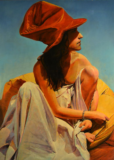 La Mujer del Sombrero Rojo ll Oil Panel Figure Painting