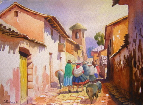 Calle del pueblo de Anta 1 Watercolour Card Landscaping