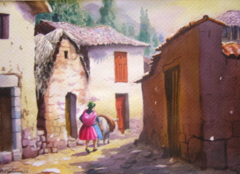 Calle del pueblo de Lucre 2 Watercolour Card Landscaping