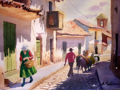 Calle del Pueblo de Uros Acuarela Cartulina Paisaje