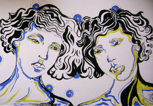 Madres en azul Gouache Papel Figura