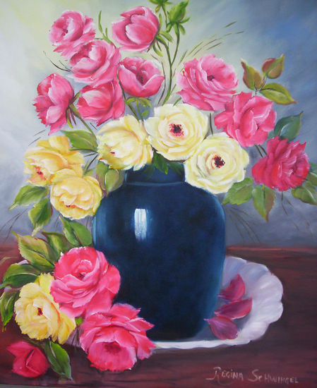 VASO AZUL COM ROSAS 