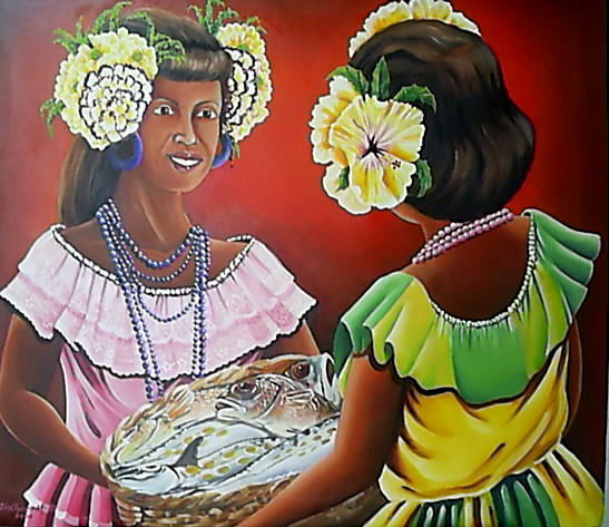 Mojongos(mujeres) con flores y peces. 