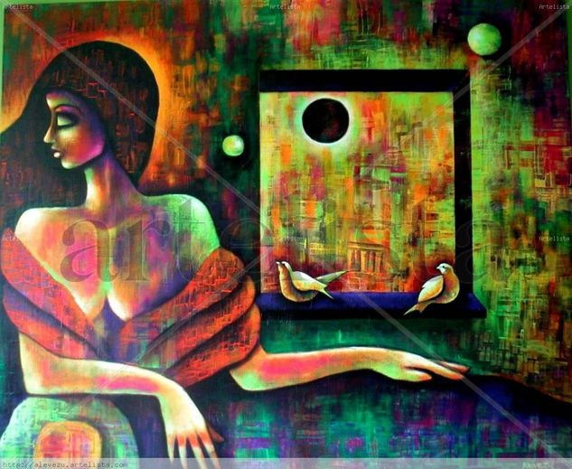 Eclipse, colores, mujer, pájaros, ventana Acrylic Canvas Figure Painting