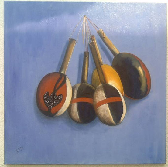 Maracas sobre Pared Azul Óleo Lienzo Otros