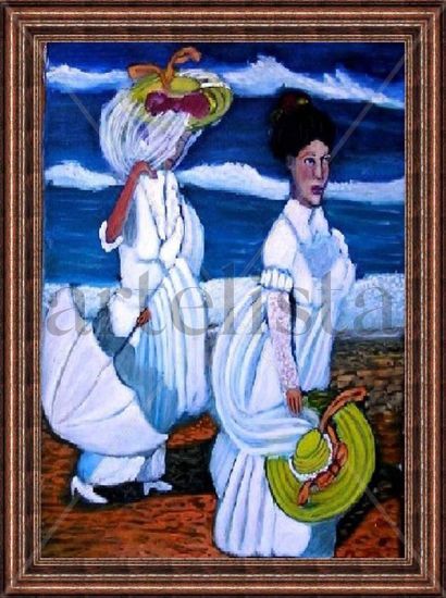 Mujeres en la Playa Oil Canvas Marine Painting