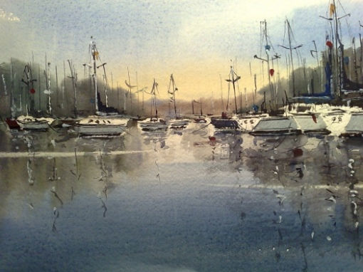 Barcos al atardecer Watercolour Paper Marine Painting