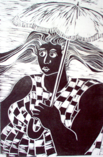 Mulher com sombrinha Linocut