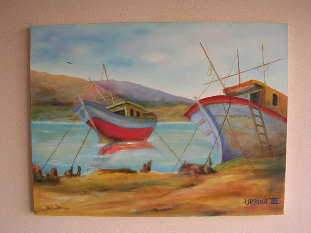 Botes Anclados Oil Canvas Marine Painting