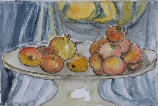 Frutera con duraznos y caqui Watercolour Paper Still Life Paintings