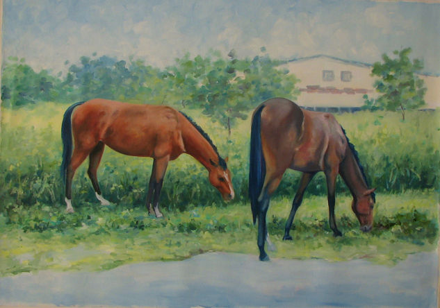 caballo pastando Oil Canvas Animals