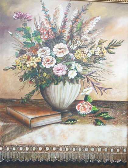 Bodegón con jarrón y libro Oil Canvas Still Life Paintings