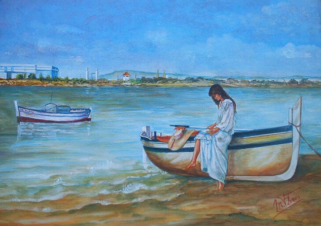 Lectura en Sancti Petri Oil Canvas Marine Painting