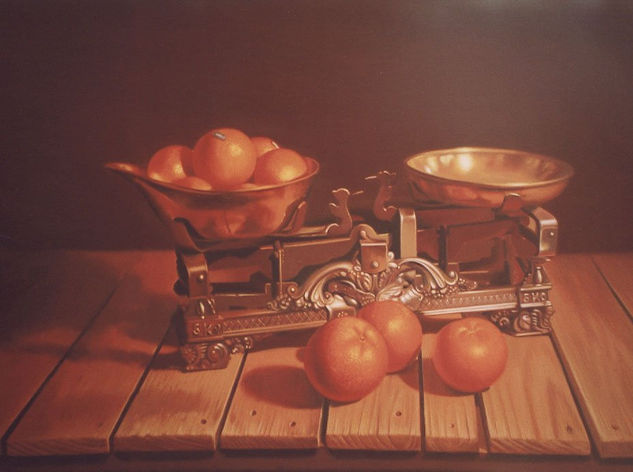 bascula y naranjas Oil Panel Still Life Paintings