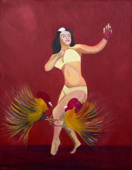 Togolele con Gallos en el Palenque Oil Canvas Portrait