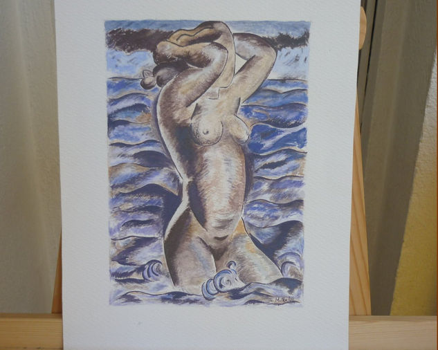 Mujer sobre las olas Gouache Paper Nude Paintings