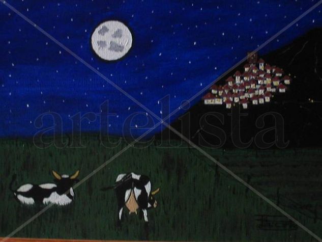 noche con vacas Óleo Lienzo Paisaje