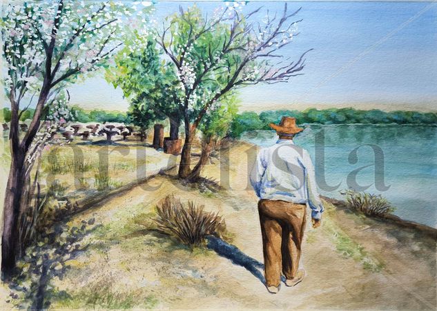 Paseo por la Lagua Acuarela Papel Paisaje