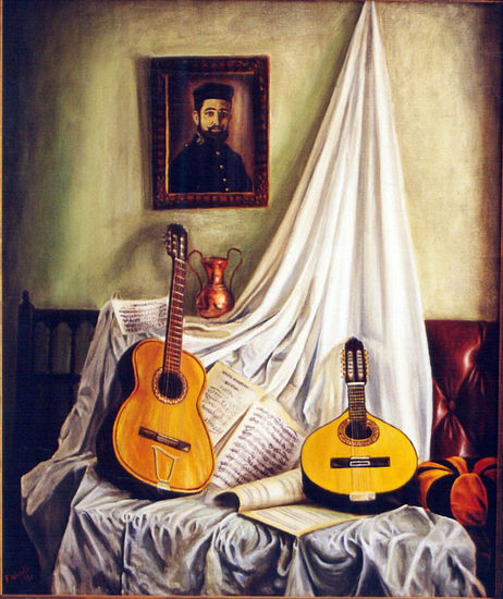 Guitarra y bandurria con retrato Oil Canvas Landscaping