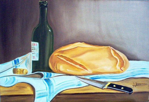 Pan y vino Oil Canvas Still Life Paintings