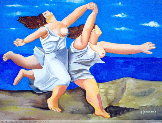 Dos mujeres corriendo por la playa Oil Canvas Landscaping