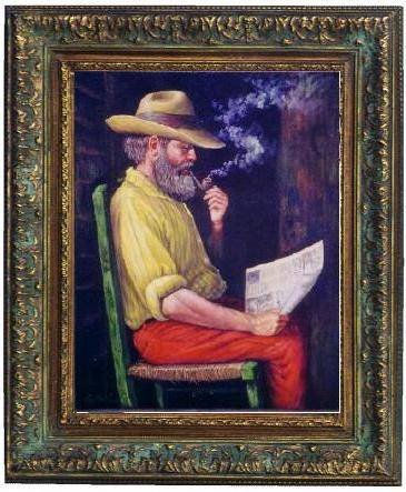 viejo leyendo la noticia Oil Canvas Landscaping