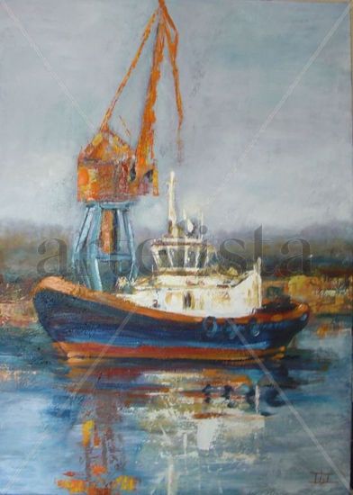 barco con grua Oil Canvas Landscaping