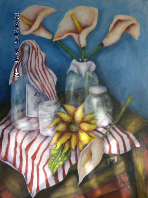 BODEGON CON BOTELLAS Y FLORES