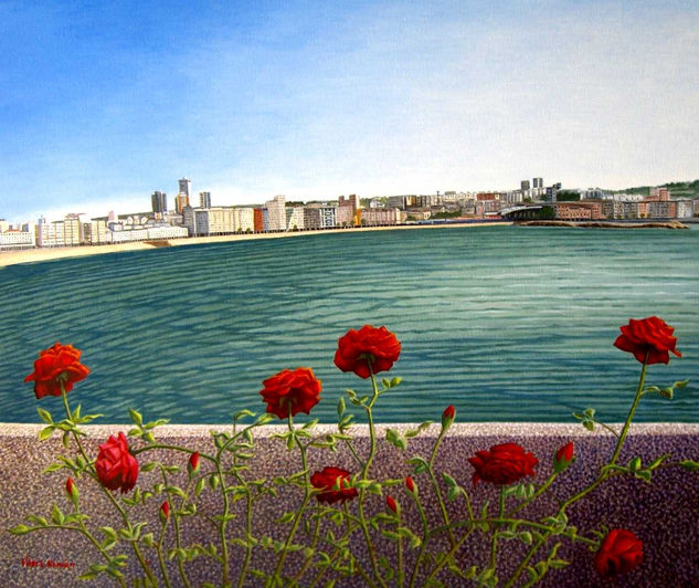 Terraza imaginaria con flores3 (Playa del Orzán) Oil Canvas Landscaping