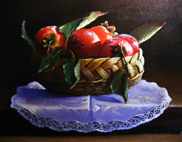 bodegon, cesto con kakis Oil Canvas Still Life Paintings