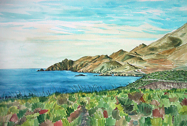 Vista de la Loma Pelada con mar Acuarela Papel Paisaje