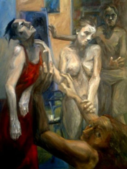 Seres en reunión Oil Panel Figure Painting