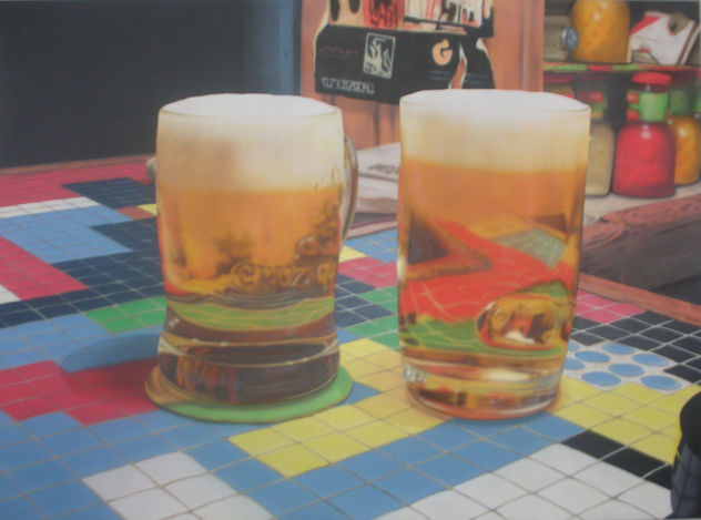 A Charles Bells con jarras de cerveza