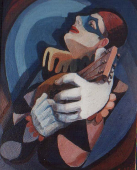 ARLEQUIN CON GUITARRA Óleo Tabla Retrato