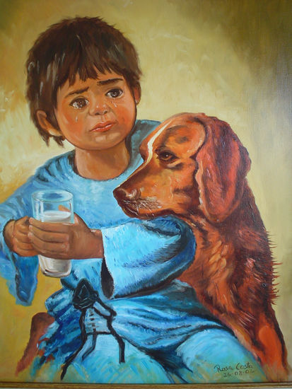 Niño con su  perro Oil Canvas Figure Painting