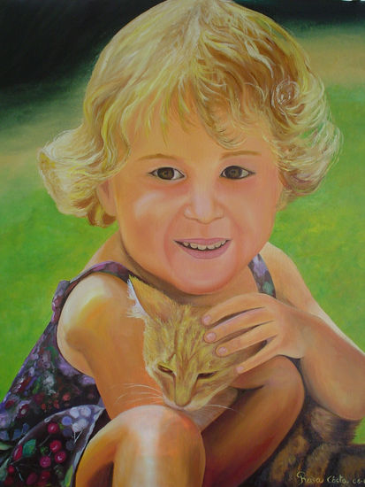 La niña y el gato Oil Canvas Portrait