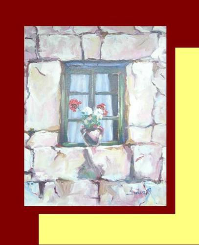 ventana con geranio Oil Canvas Landscaping