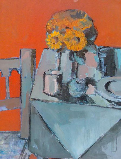 Mesa con girasoles Gouache Canvas Floral Painting