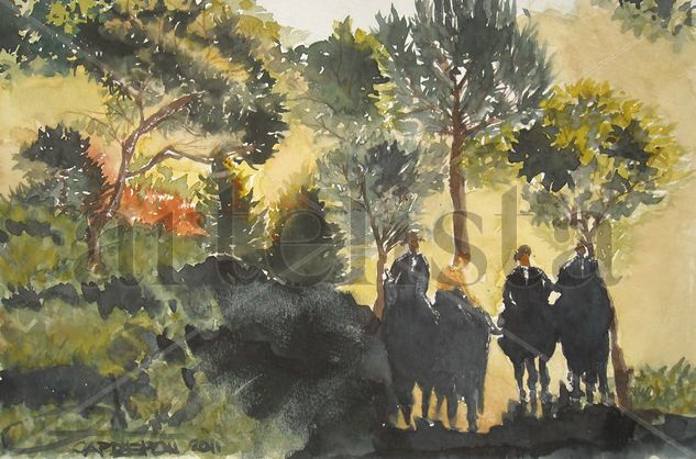 cabalgata Acuarela Papel Paisaje