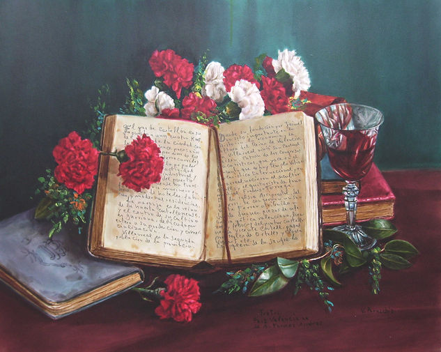 Claveles y Libros Watercolour Card Still Life Paintings