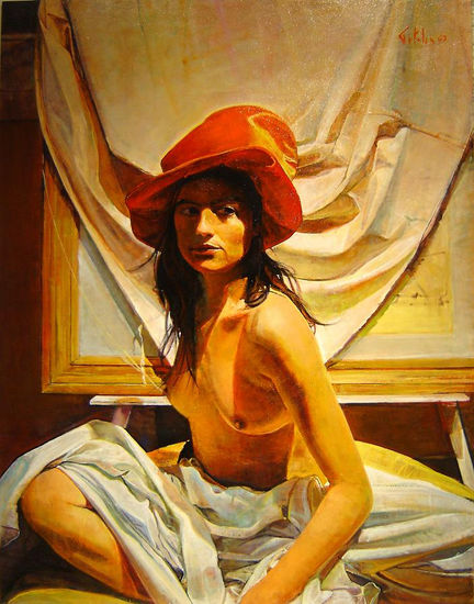 La Mujer del Sombrero Rojo lV Oil Panel Figure Painting