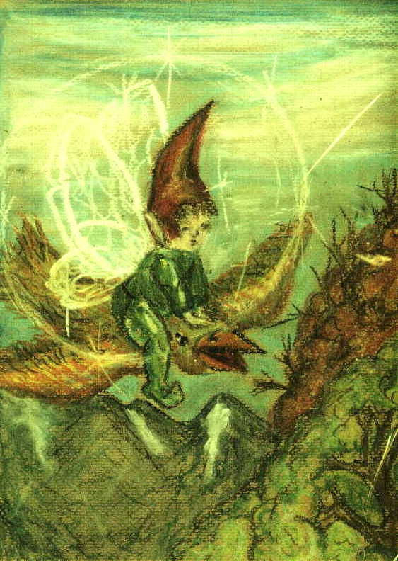 Niño gnomo volando en un canario