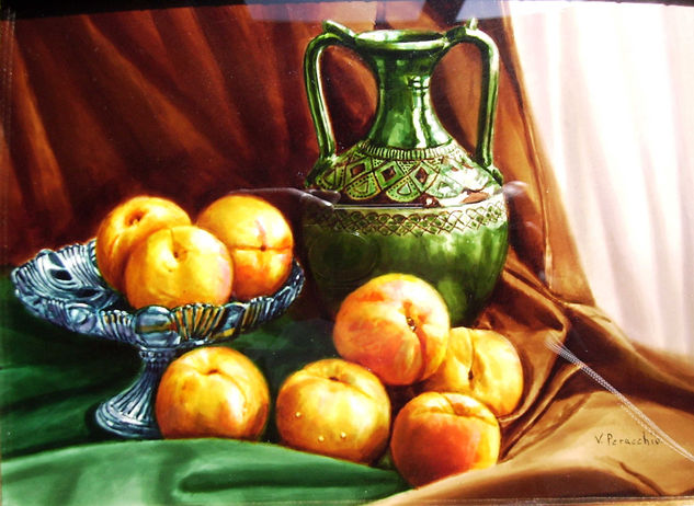 Frutero melocotones y jarrón Watercolour Card Still Life Paintings