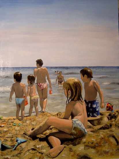 NIÑOS EN LA PLAYA Oil Panel Landscaping