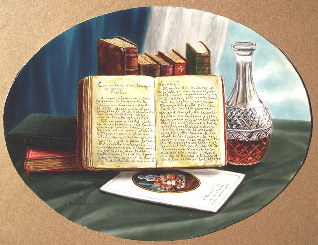 Bodegón libros y cristal