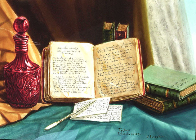 Libros y botella de Murano