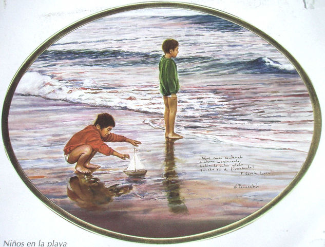 Niños en la playa Watercolour Card Marine Painting