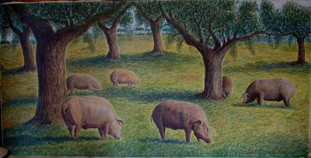 "Ibericos en el campo Charro" Oil Canvas Landscaping