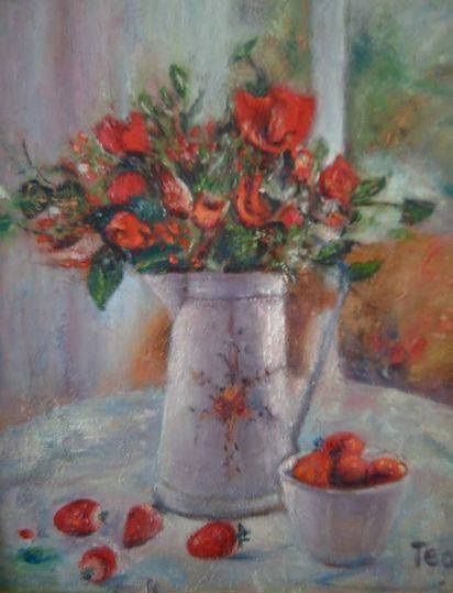 Flores y fresas Oil Panel Still Life Paintings