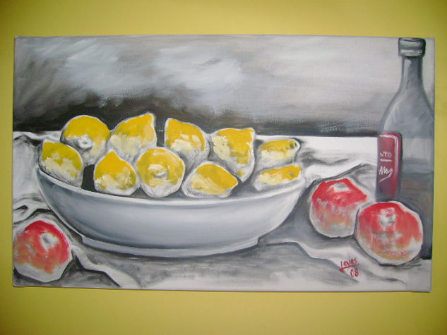 limones, manzanas y vino Oil Canvas Still Life Paintings